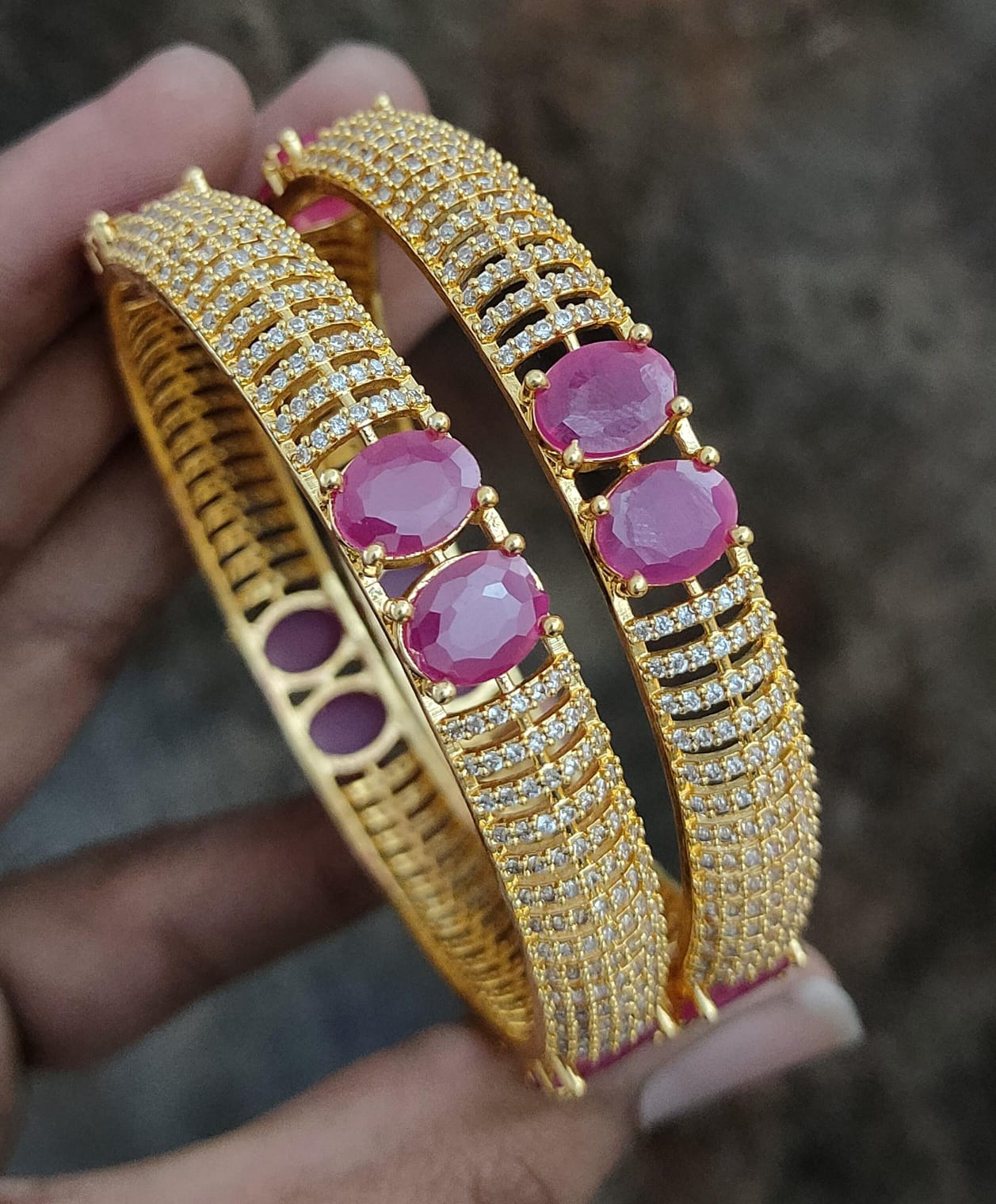 Premium Gold-Plated Bangles with Oval CZ Stones (Set of 2) - Image 3